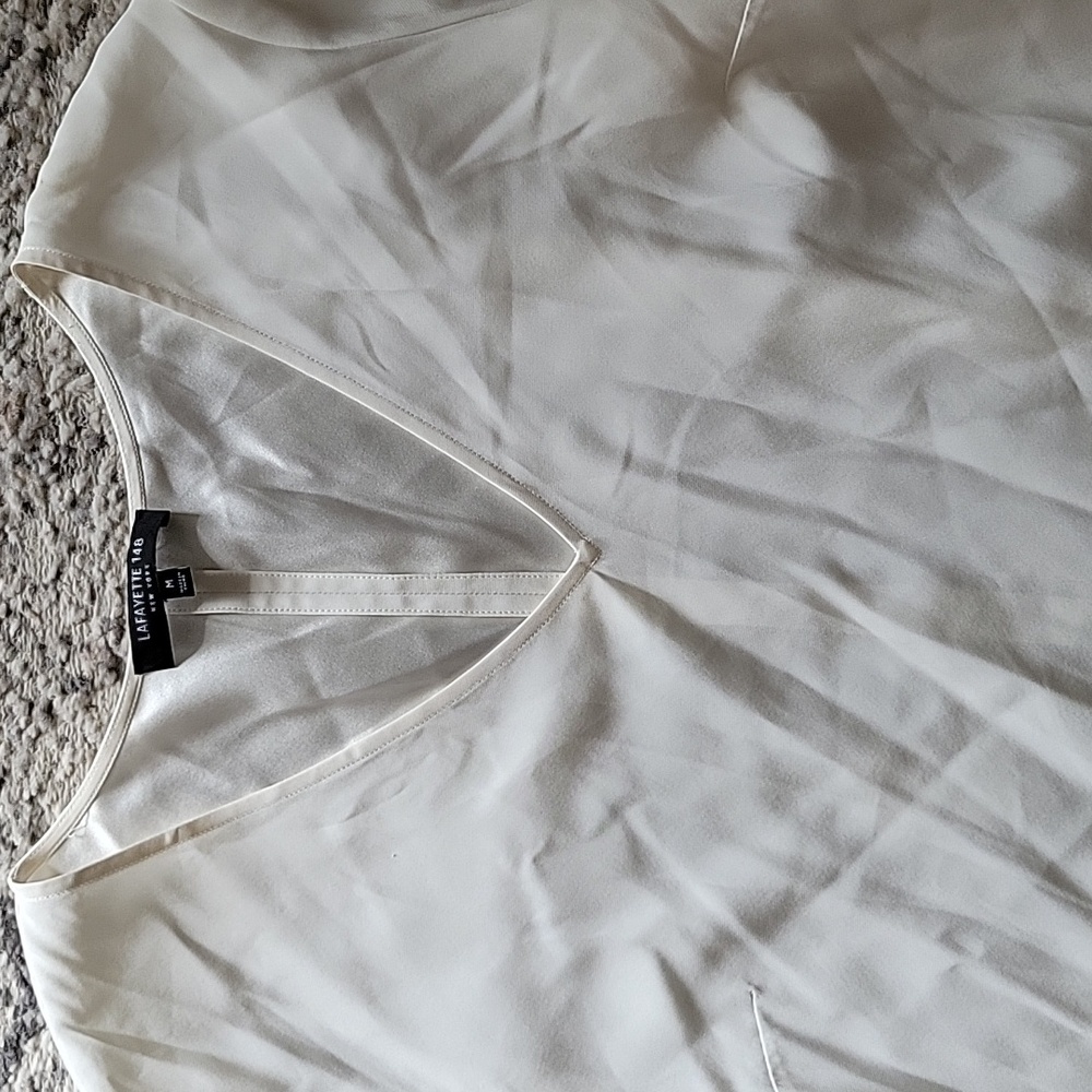 Lafayette 148 NY Silk V Neck Ruched 3 Quarter Blouse Ivory White Size Medium - Picture 3 of 7